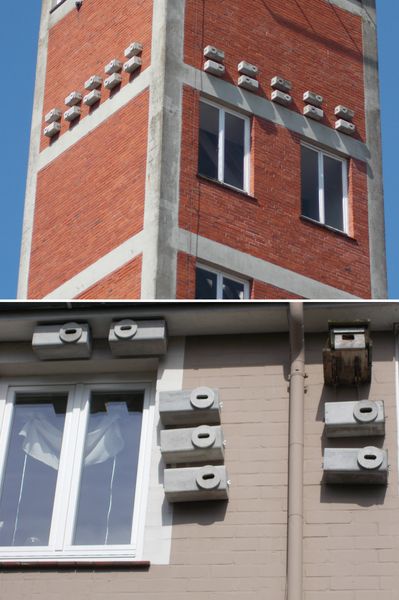 Mauerseglerkolonien. An einem Feuerwehr-Schlauchturm (oben) und an einem Privathaus (unten). Fotos: BUND